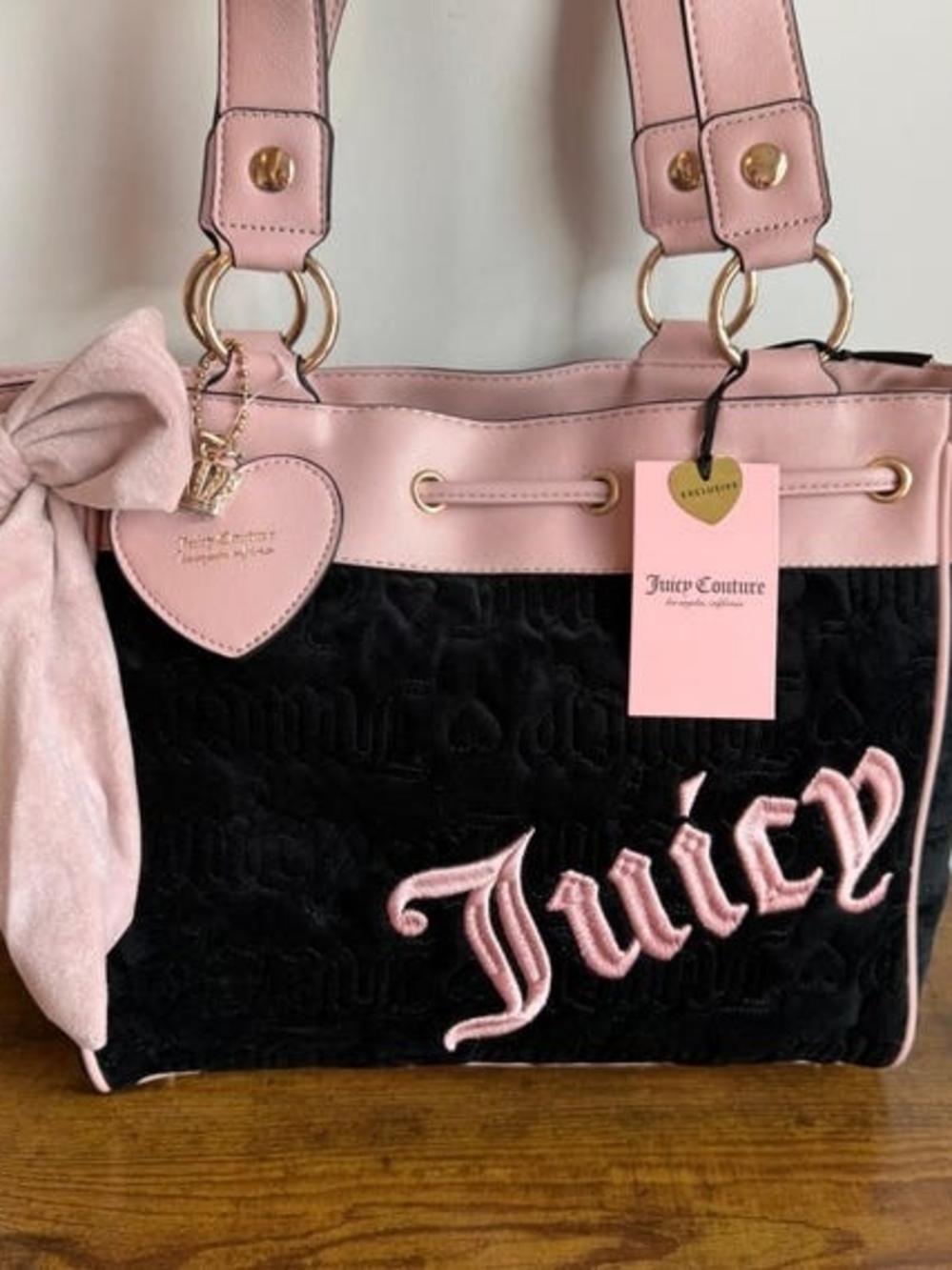 Juicy Couture Black Velvet Tote with Pink Trim & Embroidery